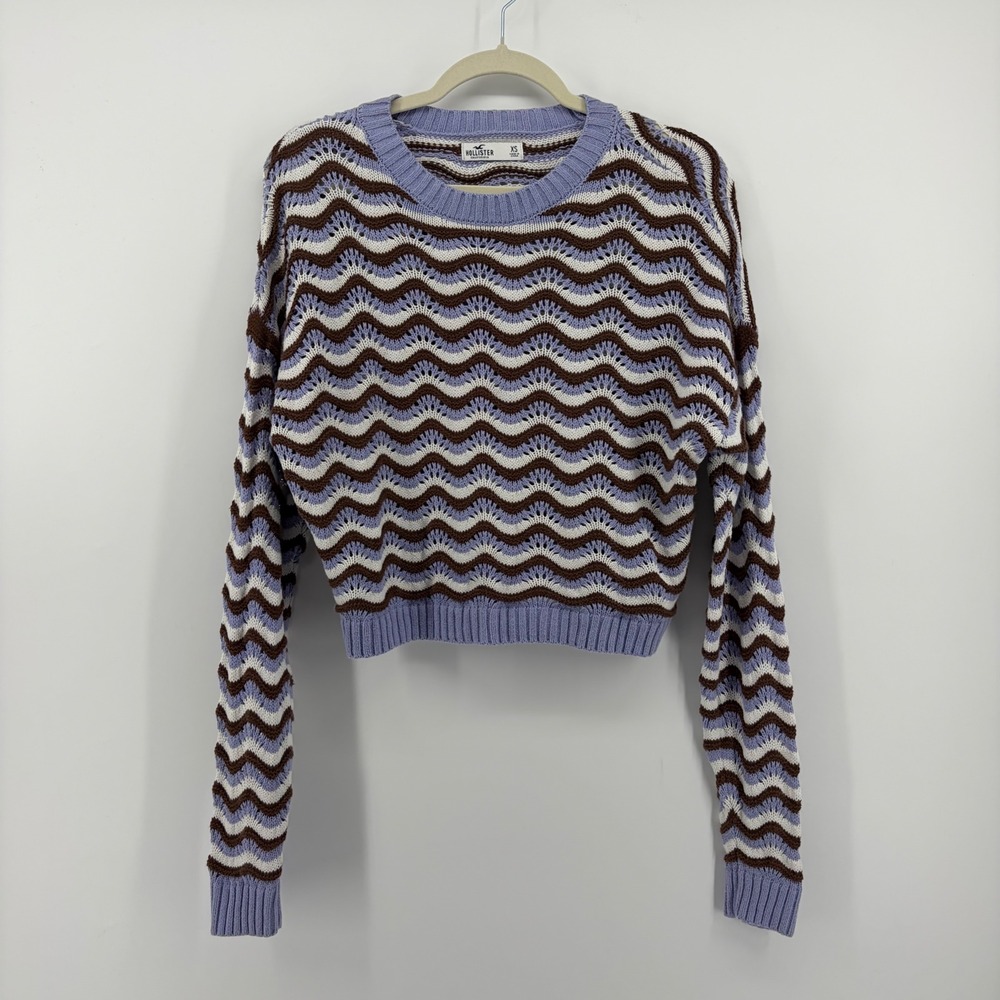 Hollister Sweater Purple Brown XS Womens Cropped Wavy Pointelle Knit Long Sleeve